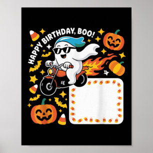 Funny Ghost Biker Halloween Design With Flames And Poster