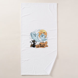 Funny Ghost & Black Cat Lazy Halloween Spooky Seas Bath Towel