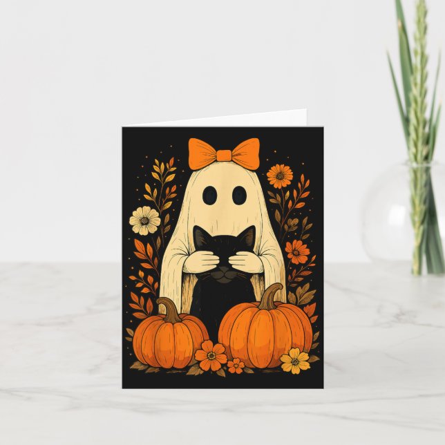 Funny Ghost Bow Holding Black Cat Fall Halloween Card (Front)