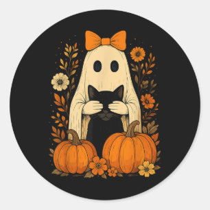 Funny Ghost Bow Holding Black Cat Fall Halloween  Classic Round Sticker