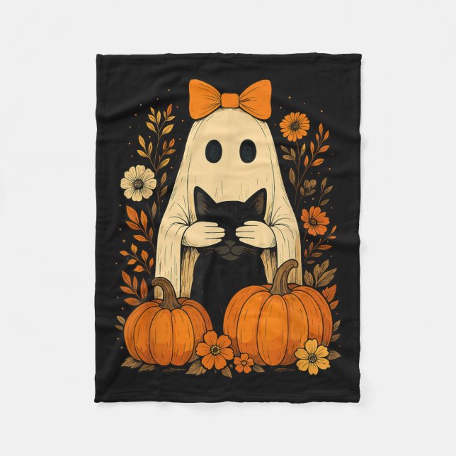 Funny Ghost Bow Holding Black Cat Fall Halloween  Fleece Blanket (Front)