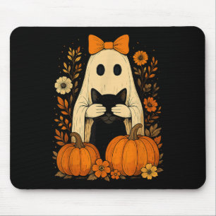 Funny Ghost Bow Holding Black Cat Fall Halloween Mouse Pad