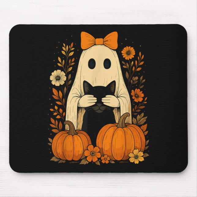 Funny Ghost Bow Holding Black Cat Fall Halloween  Mouse Pad (Front)