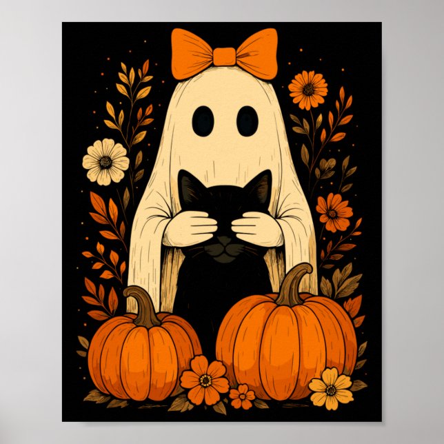 Funny Ghost Bow Holding Black Cat Fall Halloween Poster (Front)
