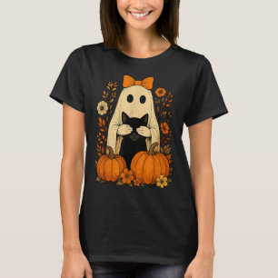 Funny Ghost Bow Holding Black Cat Fall Halloween T-Shirt