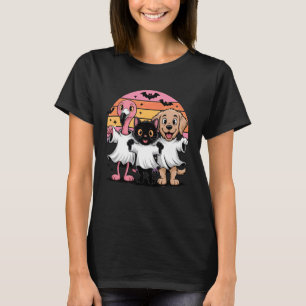 Funny Ghost Cat and Dog Halloween Retro Sunset Spo T-Shirt