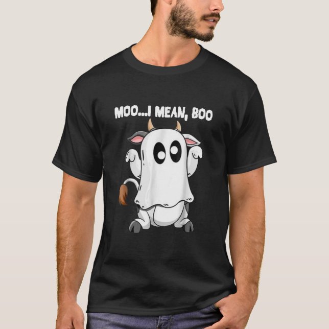 Funny Ghost Cow Moo I Mean Boo Pumpkin Moon T-Shirt (Front)