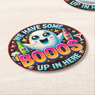 Funny Ghost Drinking Booos Halloween Party Favour Round Paper Coaster