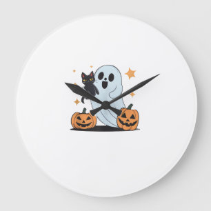 Funny Ghost Holding A Black Cat Lazy Halloween Spo Large Clock
