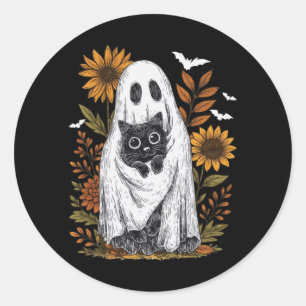 Funny Ghost Holding Black Cat Halloween Ghost Cat Classic Round Sticker