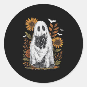 Funny Ghost Holding Black Cat Halloween Ghost Cat  Classic Round Sticker