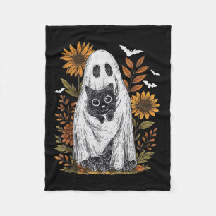 Funny Ghost Holding Black Cat Halloween Ghost Cat Fleece Blanket