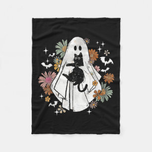 Funny Ghost Holding Black Cat Halloween Ghost Cat Fleece Blanket