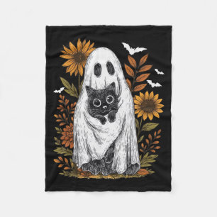 Funny Ghost Holding Black Cat Halloween Ghost Cat Fleece Blanket