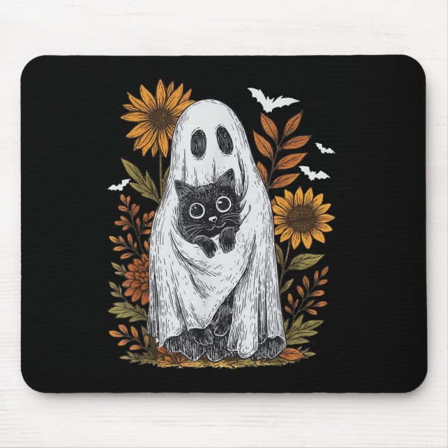 Funny Ghost Holding Black Cat Halloween Ghost Cat  Mouse Pad (Front)
