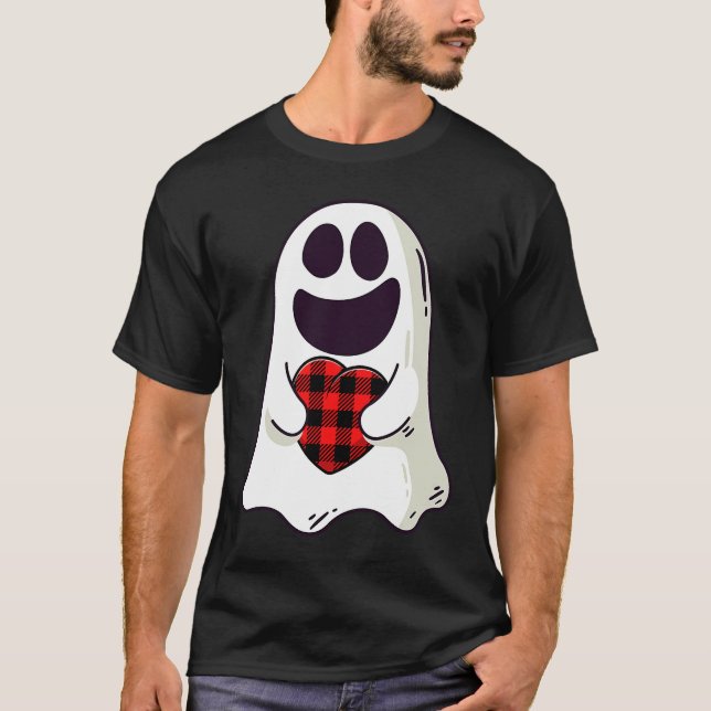 Funny Ghost Hugging Red Hearts Plaid buffalo Valen T-Shirt (Front)