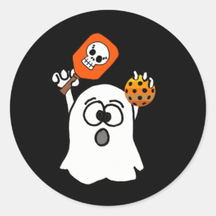 Funny Ghost Playing Pickleball Halloween Classic Round Sticker
