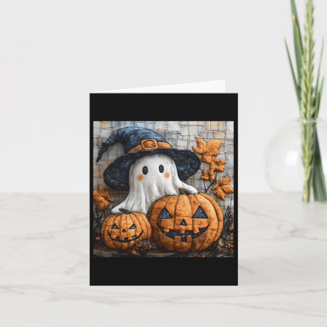 Funny Ghost Pumpkin Cute Halloween Patchwork Art 1 Card (Front)