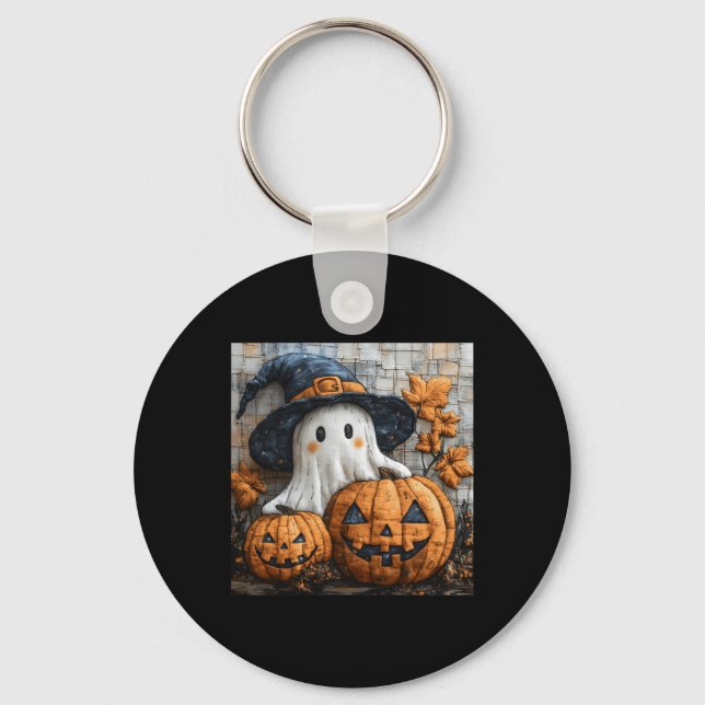 Funny Ghost Pumpkin Cute Halloween Patchwork Art 1 Key Ring (Front)