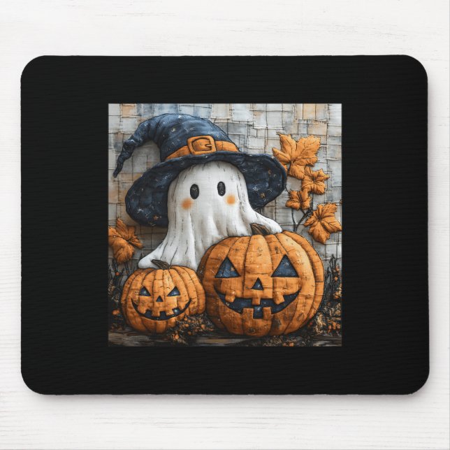 Funny Ghost Pumpkin Cute Halloween Patchwork Art 1 Mouse Pad (Front)