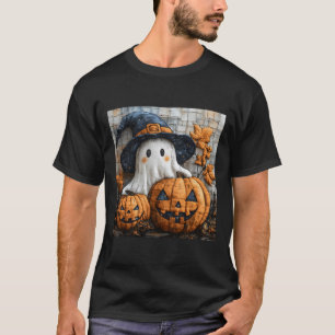 Funny Ghost Pumpkin Cute Halloween Patchwork Art 1 T-Shirt