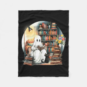 Funny Ghost Reading Book Lover Halloween Black Cat Fleece Blanket