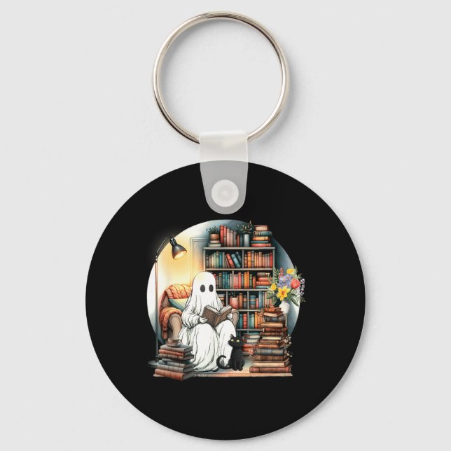 Funny Ghost Reading Book Lover Halloween Black Cat Key Ring (Front)