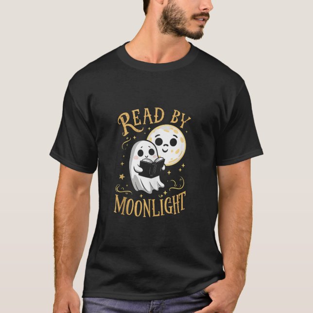 Funny Ghost Reading Book Read By Moonlight Hallowe T-Shirt (Front)