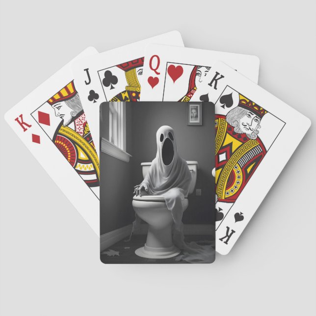 Funny ghost sitting in toilet playing cards (Back)
