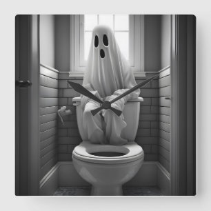 Funny ghost sitting in toilet square wall clock