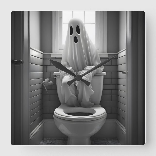 Funny ghost sitting in toilet square wall clock (Front)