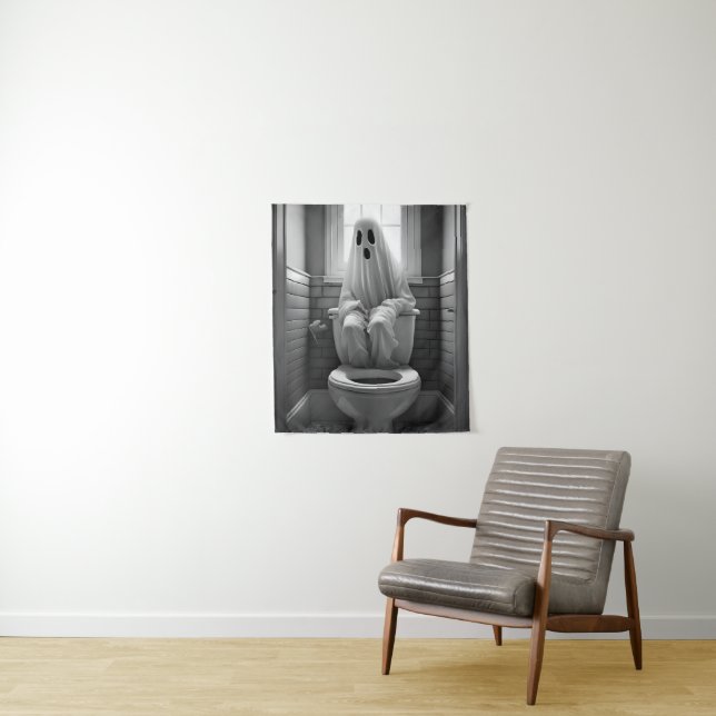 Funny ghost sitting in toilet tapestry (In Situ)