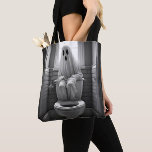 Funny ghost sitting in toilet tote bag