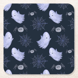 Funny Ghost Spider Halloween Pattern. Square Paper Coaster