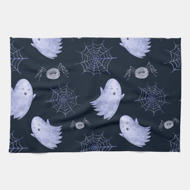 Funny Ghost Spider Halloween Pattern. Tea Towel (Horizontal)