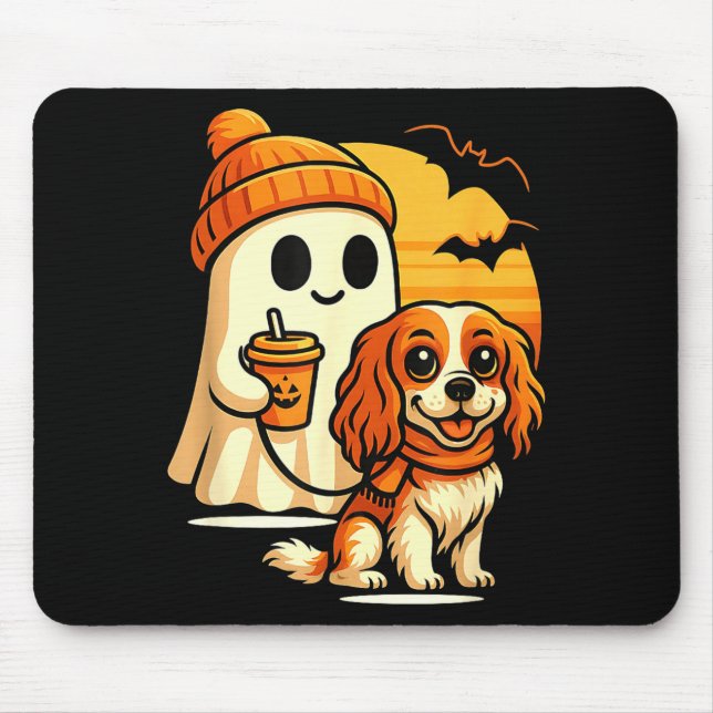 Funny ghost walking cavalier king charles dog mouse pad (Front)