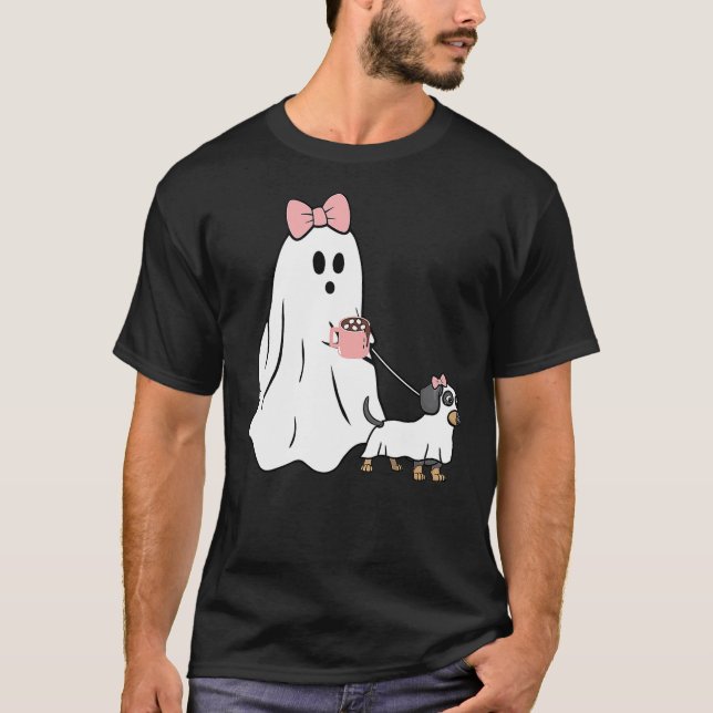 Funny Ghost Walking Dog Dachshund Wiener Halloween T-Shirt (Front)
