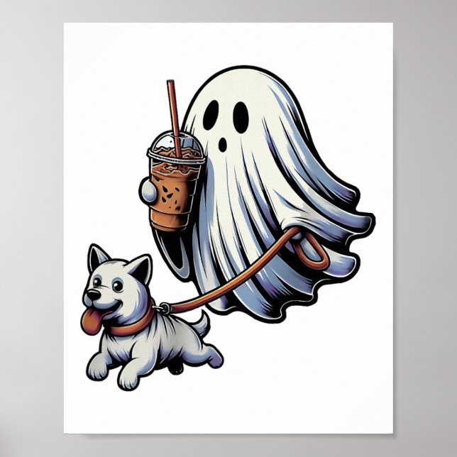 Funny Ghost Walking Dog Ghost Dog Halloween Night  Poster (Front)