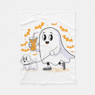 Funny Ghost Walking Dog Spooky Ghost Coffee Fleece Blanket