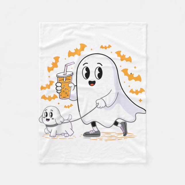 Funny Ghost Walking Dog Spooky Ghost Coffee Fleece Blanket (Front)