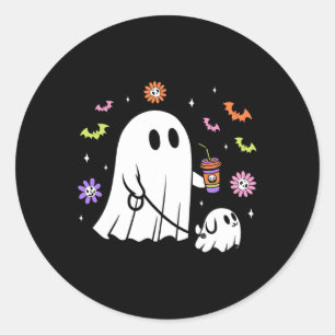 Funny Ghost Walking Dog Spooky Ghost Coffee Hallow Classic Round Sticker