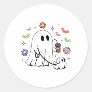 Funny Ghost Walking Dog Spooky Ghost Coffee Hallow Classic Round Sticker