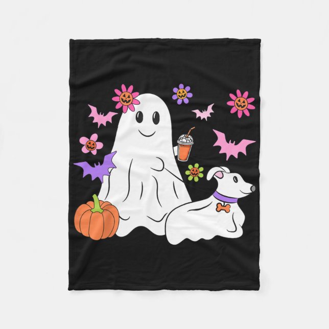 Funny Ghost Walking Dog Spooky Ghost Coffee Hallow Fleece Blanket (Front)
