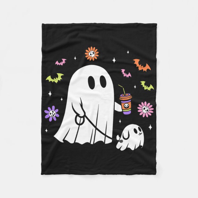 Funny Ghost Walking Dog Spooky Ghost Coffee Hallow Fleece Blanket (Front)