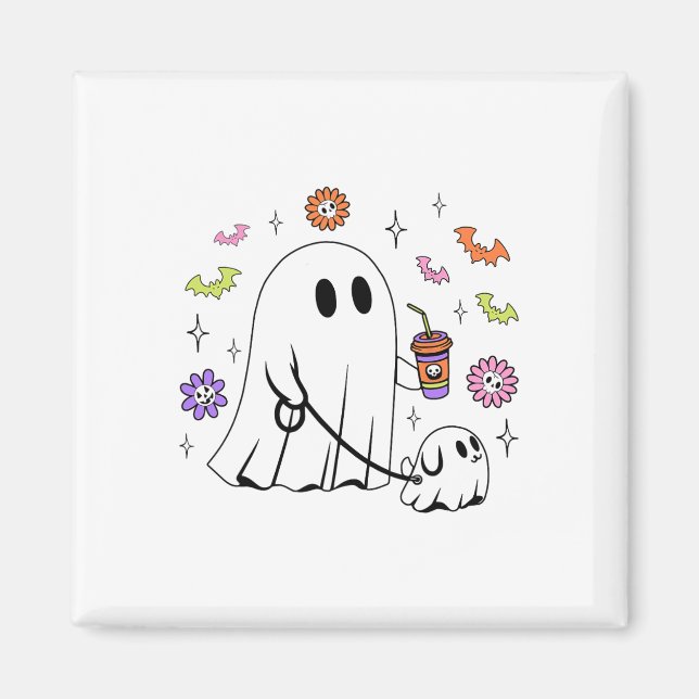 Funny Ghost Walking Dog Spooky Ghost Coffee Hallow Magnet (Front)