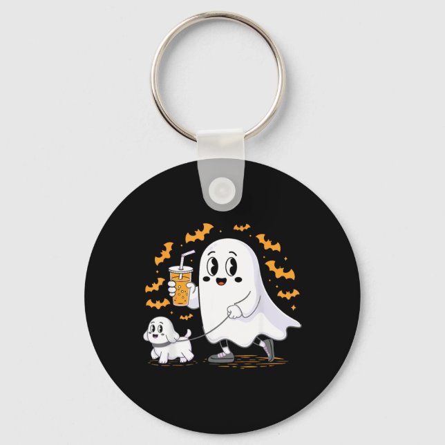 Funny Ghost Walking Dog Spooky Ghost Coffee Key Ring (Front)