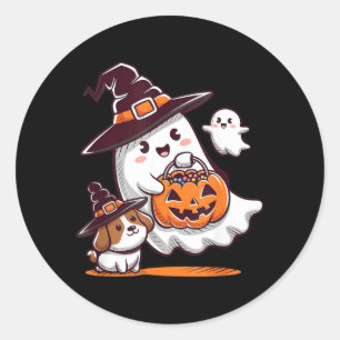 Funny Ghost Walking Dog Spooky Season Halloween Classic Round Sticker