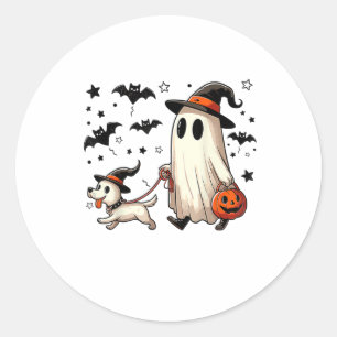 Funny Ghost Walking Dog Spooky Season Halloween Co Classic Round Sticker