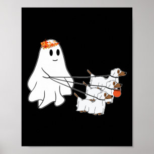 Funny Ghost Walking With Three Dog Halloween Fall  Poster