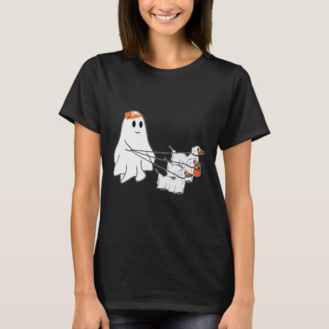 Funny Ghost Walking With Three Dog Halloween Fall  T-Shirt (Front)